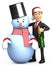 New Year businessman standing with a snowman and champagne