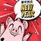 New Year card with cartoon pig, stars and text cloud on red background. Comics style.