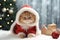 New Year card. A cat in a New Year\\\'s suit against the background of a Christmas tree. AI generative