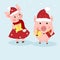 New Year card. A couple of funny piglets congratulates on a holiday. Pigs in Santa`s hats, dress, scarf. Vector illustration in