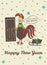 New Year card with hand drawn Rooster knocking at the door