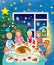 New Year card,Illustration for children`s books, postcard, children drink tea with a Christmas cupcake with a surprise near the Ch