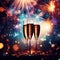 New Year celebration with three champagne glasses and beautiful fireworks. AI generated.