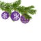 New Year or Christmas background. Firtree branch with purple balls with a pattern.