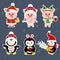 New Year and Christmas card. A set of sticker three piglets and three penguins character in different hats and poses in