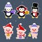 New Year and Christmas card. A set sticker of three piglets and three penguins is typical in different hats and poses in