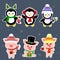 New Year and Christmas card. A set sticker of three piglets and three penguins is typical in different hats and poses in