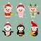 New Year and Christmas card. A set of three piglets and three penguins character in different hats and poses in winter
