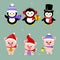 New Year and Christmas card. A set of three piglets and three penguins is typical in different hats and poses in winter