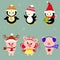 New Year and Christmas card. A set of three piglets and three penguins is typical in different hats and poses in winter