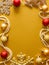 New Year and Christmas composition. Frame from red yellow balls, glitter snowflake, beads, chrismas tree