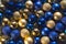 New year christmas decoration balls blue gold ball shiny glitter background
