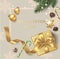 New Year and Christmas design template. Winter background with decorative golden balls, stars and gift box.