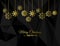 New year and Christmas greeting card with gold snowflakes on strings on a black polygon background