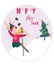 New Year or Christmas greetings card with skiing rabbit. Happy New Year phrase, fun Christmas Tree for decorative poster