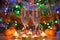 New year, Christmas, holiday, glasses, tangerines, champagne, candles, romance, lights