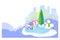 New year and Christmas outdoor scene. Winter cityscape background with snowman and christmas tree, giftbox on ice rink. Cold