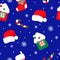 New Year and Christmas seamless cartoon pattern. Colorful socks, Santa hats, sugar canes, house on a blue background.