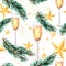 New year and Christmas seamless pattern with champagne glass, spruce branch and golden Christmas stars