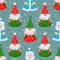 New Year, Christmas seamless pattern with paper doll Santa Claus and Snow Maiden on a blue background with snowflakes