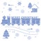 New year and Christmas symbols: train, wagons, gingerbread, Ñhristmas tree, snowflakes, house.