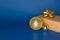 New Year, Christmas, Valentine`s Day, father`s day, birthday, packing with gold bank and balls on trendy blue background.