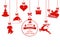 New Year Christmas. Various hanging ornaments, Santa hat, reindeer, heart, gift, dog and Christmas tree isolated on