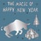 New year. Christmas. The year of the white metal bull. Tree, wreath, boxes with gifts, snowflakes. Word, text. Elements for cards