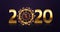 New year clock background. Golden 2020 numbers and clock showing five minutes to twelve with garland. Winter holiday