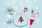 New year composition Calendar December 31. Sweet chocolate Christmas tree on plate, cutlery in santa hat, cup of cocoa, alarm