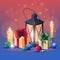 New Year composition. Christmas greeting cardÑŽ Still life with candle lamp gifts and Christmas toys.