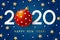 New Year concept - 2020 numbers with Christmas ball and starry decor on blue snowflakes background for winter holidays design