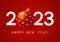 New Year concept - 2023 numbers with Christmas ball on red background  for winter holidays design