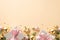 New Year concept. Top view photo of big present boxes with bows gold and pink baubles star ornaments fir branches in snow and
