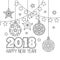 New year congratulation card with numbers 2018, christmas balls, stars, garlands. Antistress coloring book for adults