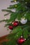 New year cozy home interior with Christmas tree and garlands. Christmas decoration in house