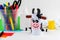 New year decoration. DIY and kids creativity concept. Step by step instructions: make a cow from a roll of toilet paper and paper