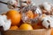 New Year decoration: orange mandarins, Christmas tree toy and cotton