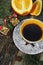 New Year drink: Ñup of coffee, orange and Christmas-tree decor