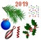 New Year elements. Christmas tree branches, holly branches, Christmas tree decorations, confetti, ribbons text 2019