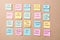 New year goals or resolutions - colorful sticky notes on a Notepad with coffee Cup