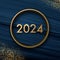 New Year golden 3d 2024 lettering on dark blue textured background with circle and golden sand or small shiny particles