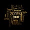 New year greeting card 2019. Multilingual word cloud, golden letters on black