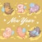 New Year greeting card. Flying pigs on gold background. Vector illustration