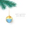 New Year Greeting Card. Green pine branch with gold Christmas ball and face mask. Vector illustration