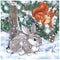 New year greeting card with hare and squirrel under the snow