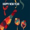 New year greeting card, polygon bottle of wine and glasse