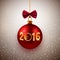 New Year greeting card, postcard, decorative red bauble with golden text 2016