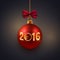 New Year greeting card, postcard, decorative red bauble with golden text 2016 and monkey symbol