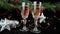 New Year holiday concept. New Year`s decor - champagne glasses, New Year`s toys, a Christmas tree with decorations, a candle is